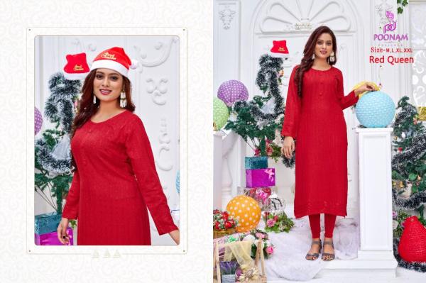 Poonam Red Queen Casual Wear Chikan Work Kurtis